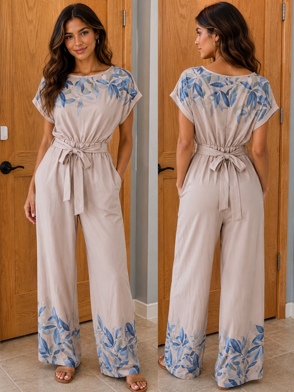SHEIN Beige Jumpsuit with Blue Floral Print